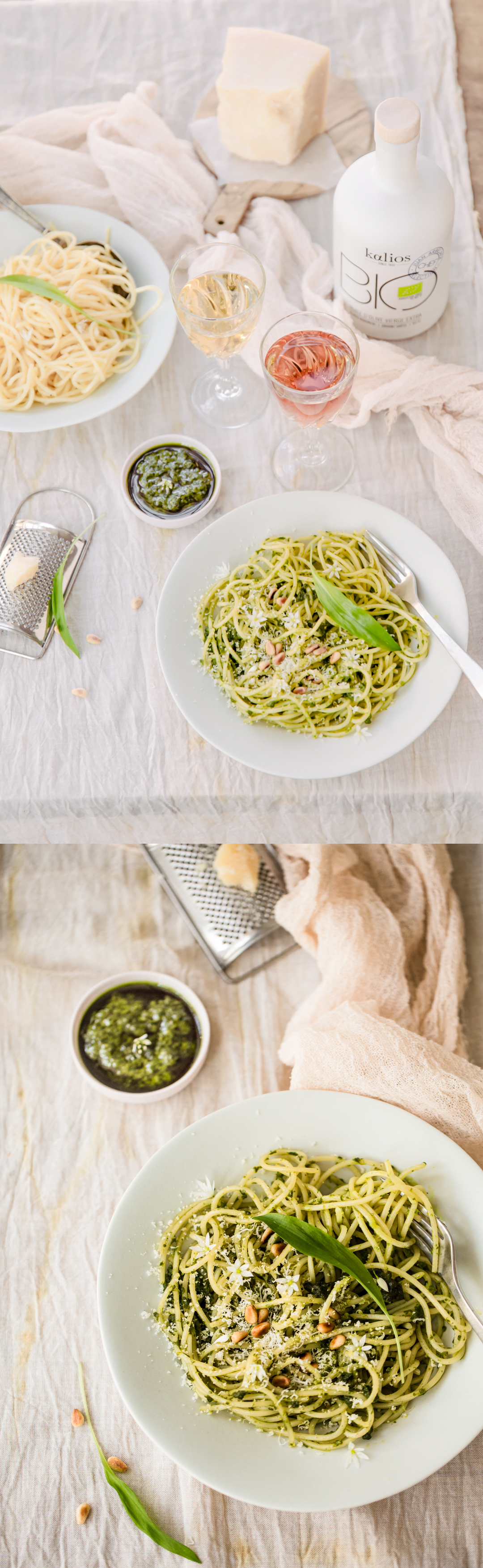 faites cuire les spaghetti-ajoutez le pesto-le parmesan et un filet d'huile d'olive kalios